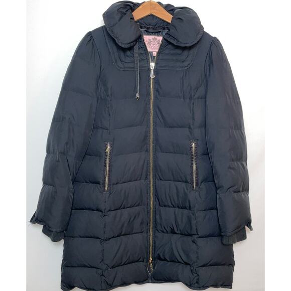 Juicy Couture Down Coat - Size L - Longer‎ Length w/ Two-Way Zip & Gold Accents - Picture 1 of 13